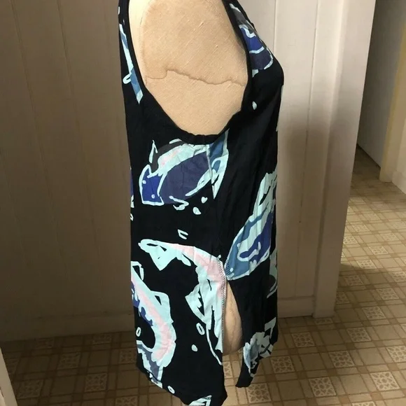 KENZO sz S Black Long Tank Top Side Slits Blue Fish - Picture 5 of 8